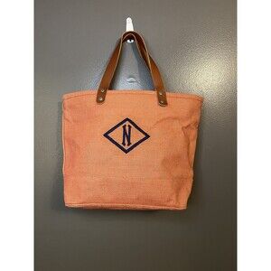 Monogram Tote Bag Womens Large Orange Jute Woven Purse Leather Handles Zipper N